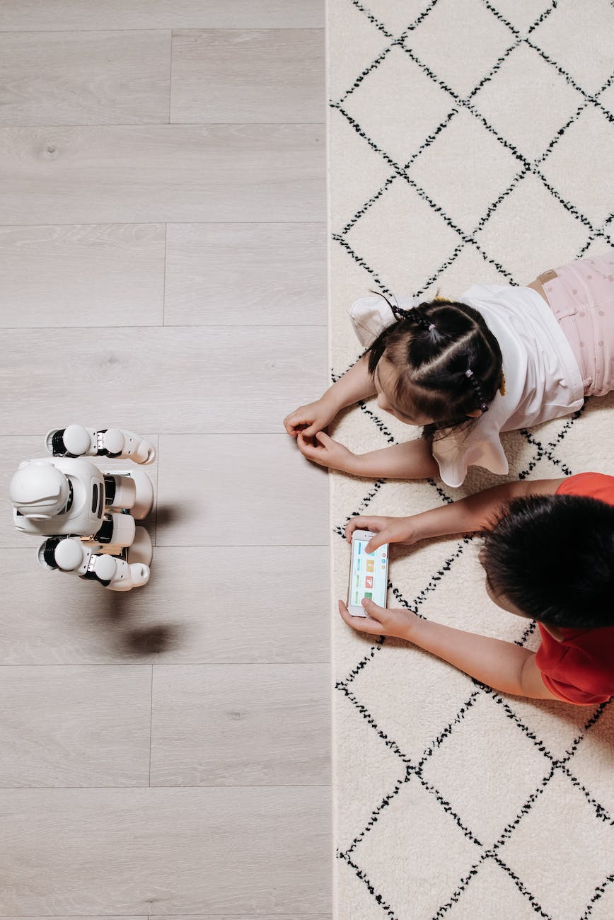 overhead shot of kids playing with a robot