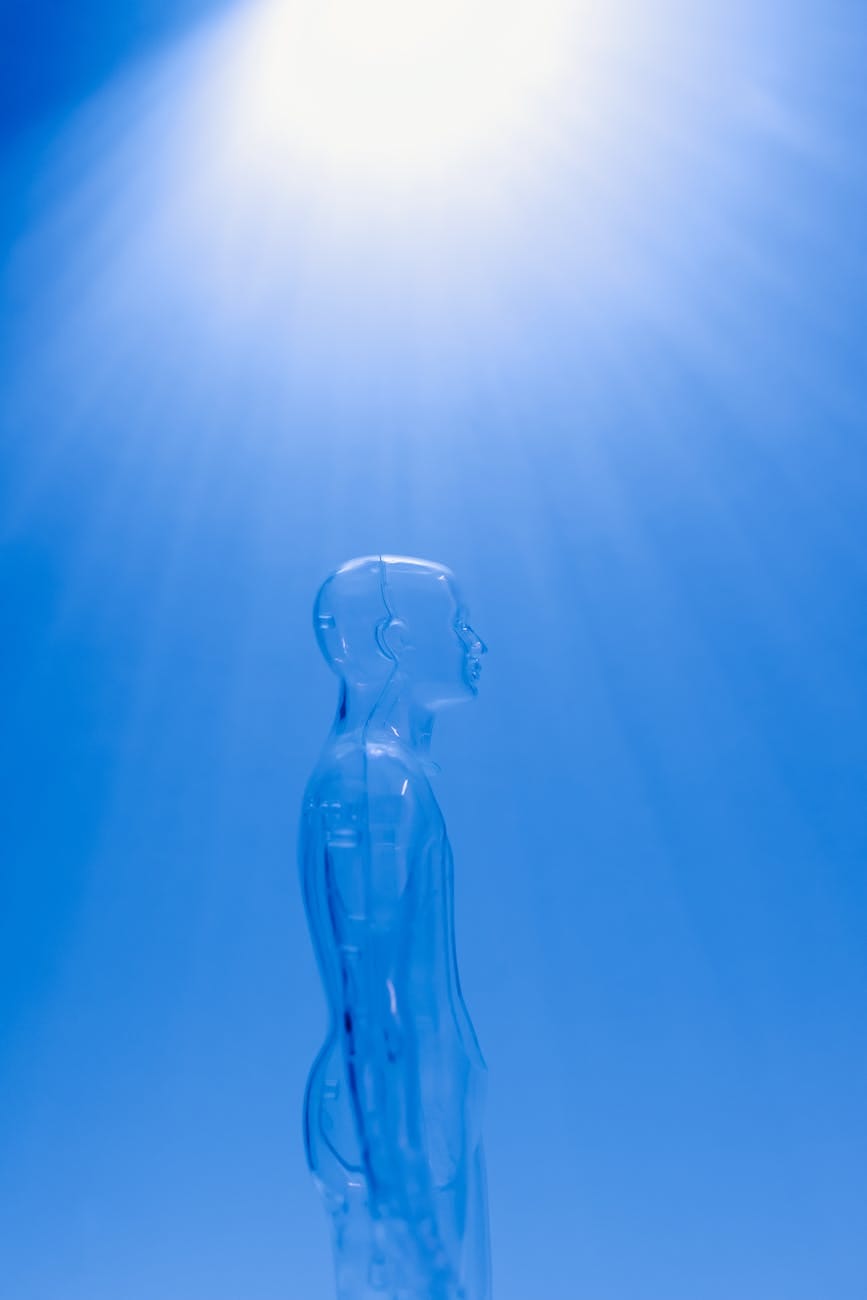 clear mannequin on blue background