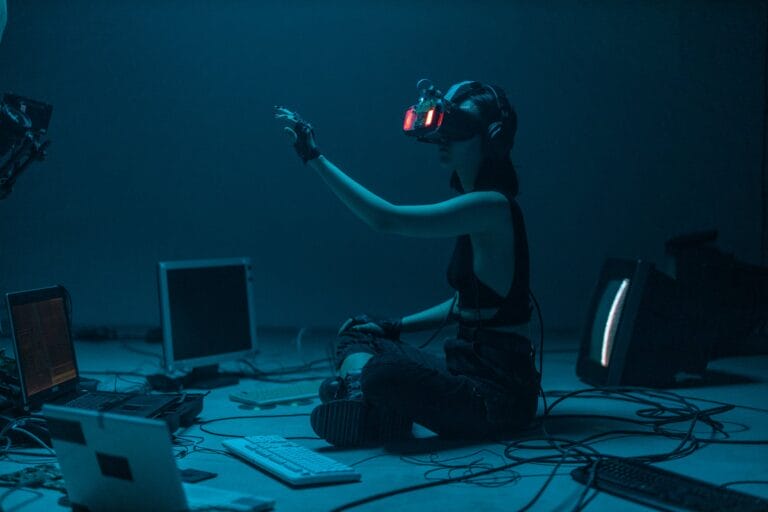 a woman in a tank top using a vr headset